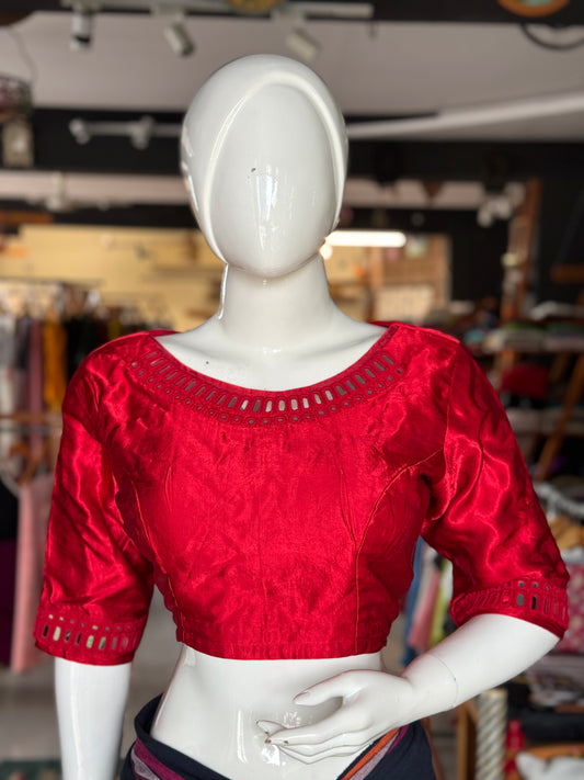 Red mirror work hand embroidered Mashru blouse