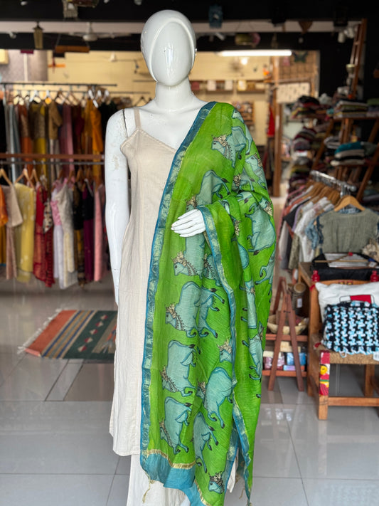 Silk cotton Chanderi hand painted pen Kalamkari dupatta
