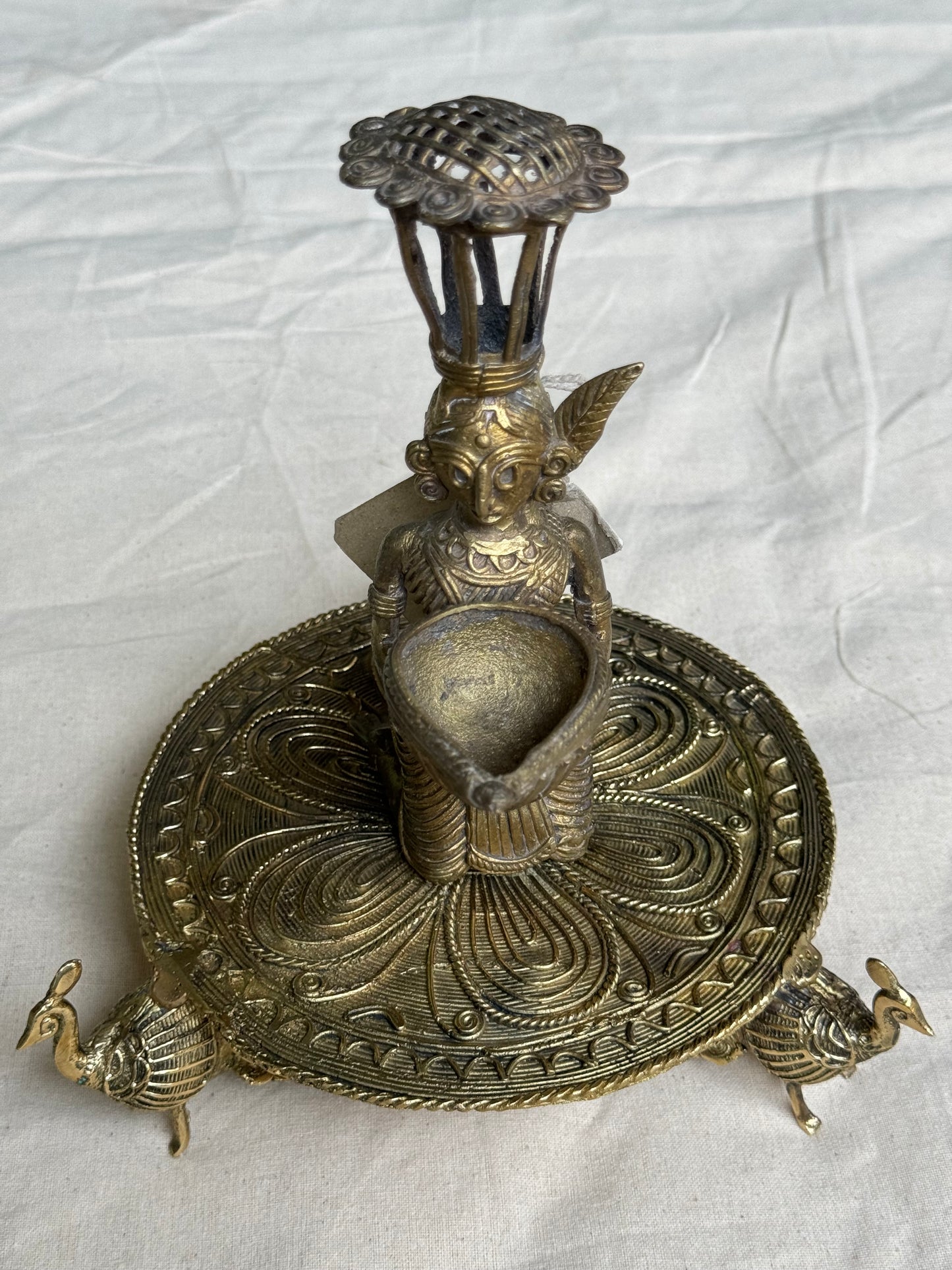 Brass tray / riser with peacock legs - dokra hand crafted decor