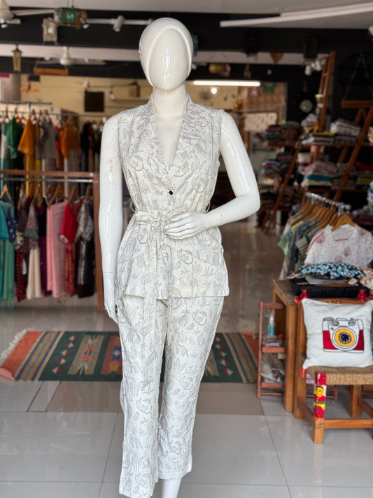 Jungle theme hand block printed collared cotton sleeveless gilet jacket and pants coord set