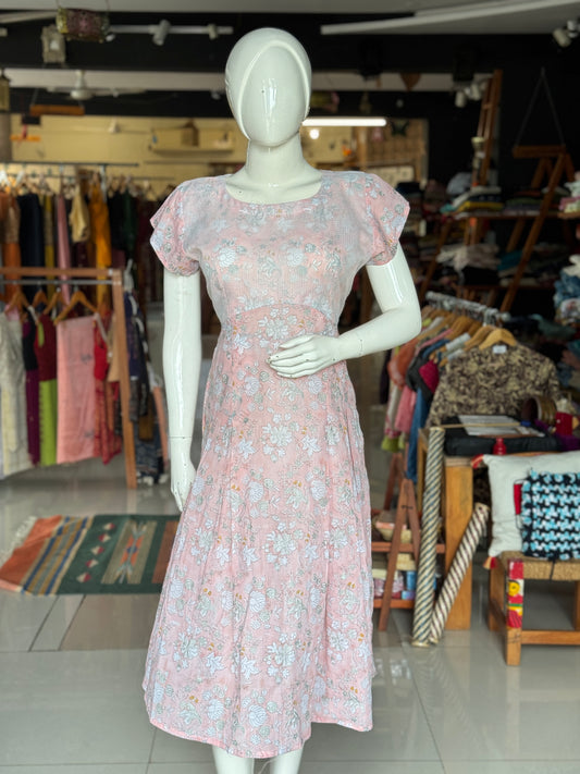 Light pink floral hand block printed soft cotton dress with white kota cotton overlay