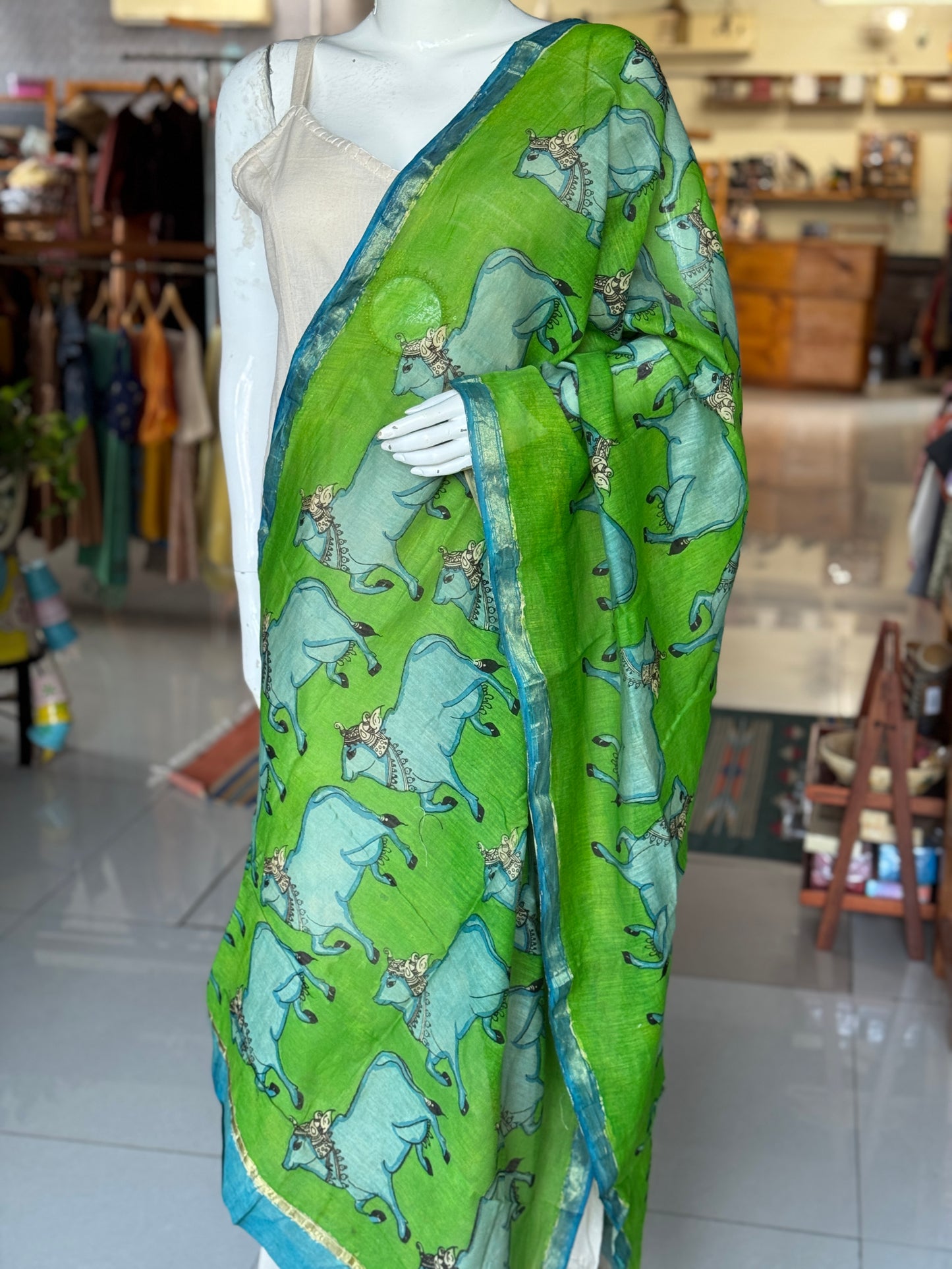 Silk cotton Chanderi hand painted pen Kalamkari dupatta