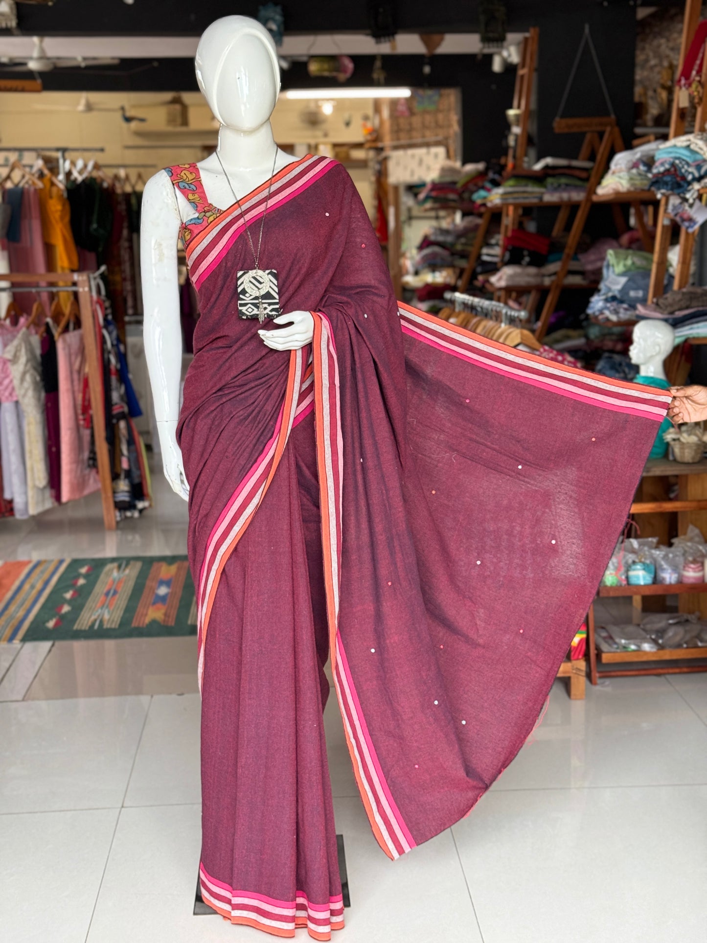 Kala cotton hand woven saree with mirror embroidery on palla and colorful borders - multiple shades available