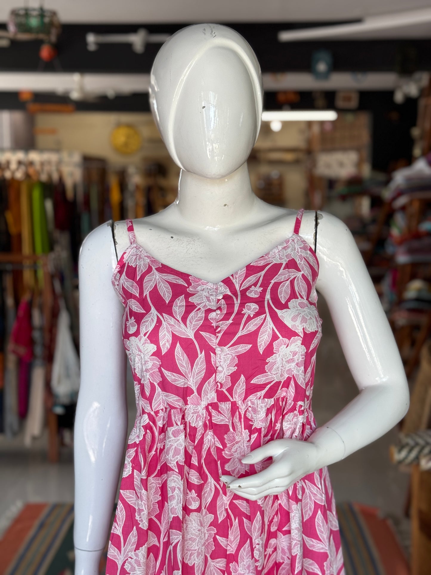 Pink floral printed strappy cotton dress