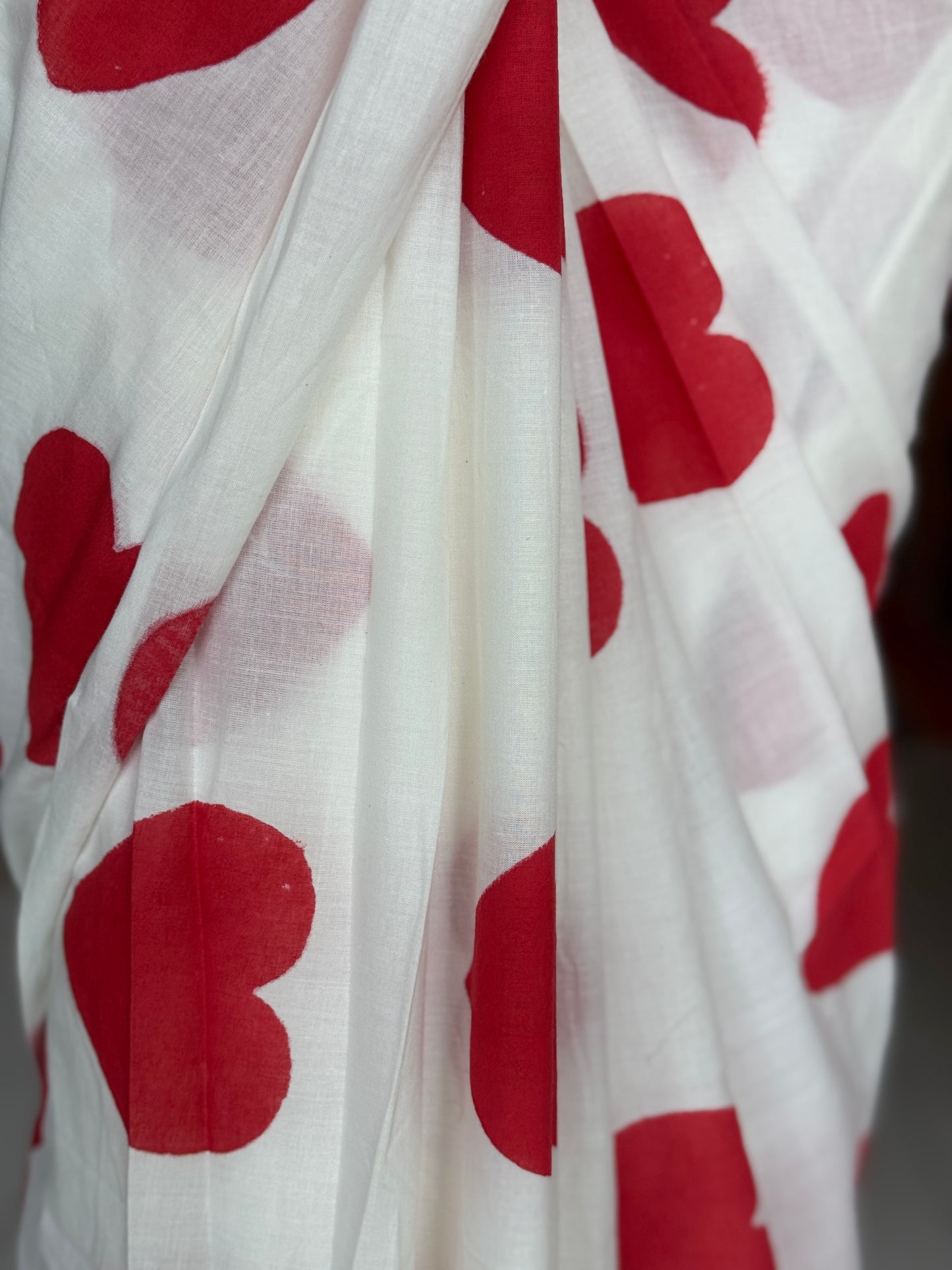 Flying hearts - red on white hand block printed soft cotton yardage saree