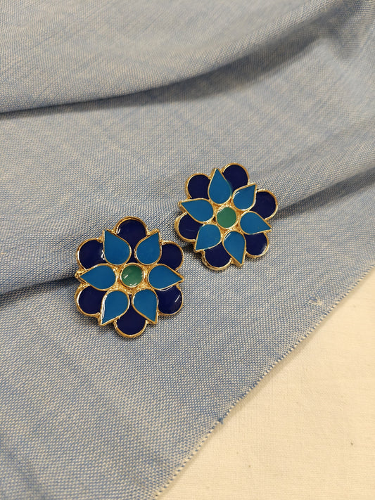 Blue green enamel flower studs earrings - handcrafted in copper - available in copper, silver n gold finish