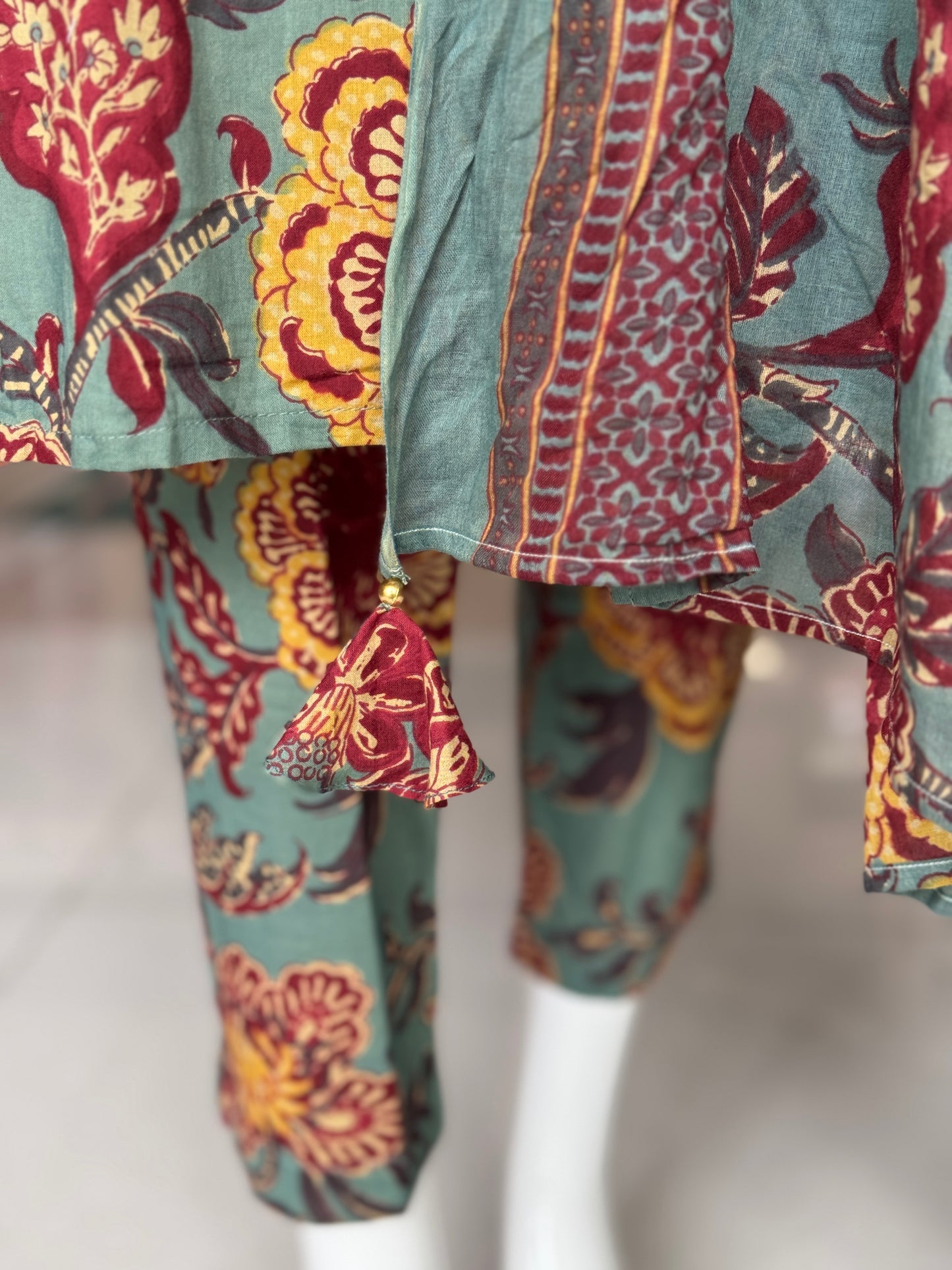 Teal green angrakha floral cotton embroidered straight kurti, pants and dupatta - 3 piece suit set