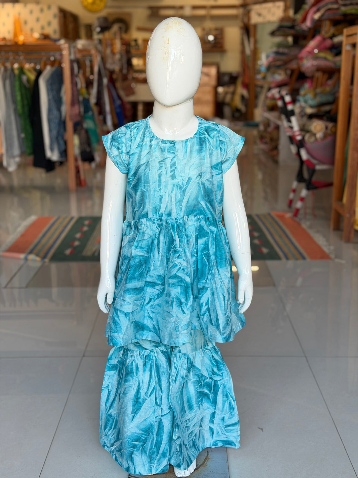 Aqua blue print flared kurta and sharara pants set for girls
