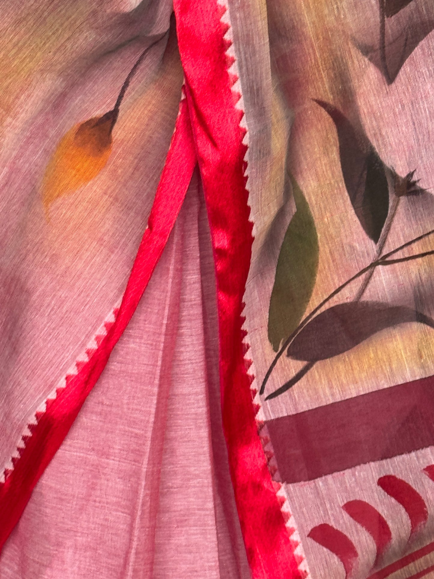 Pink floral hand painted cotton saree