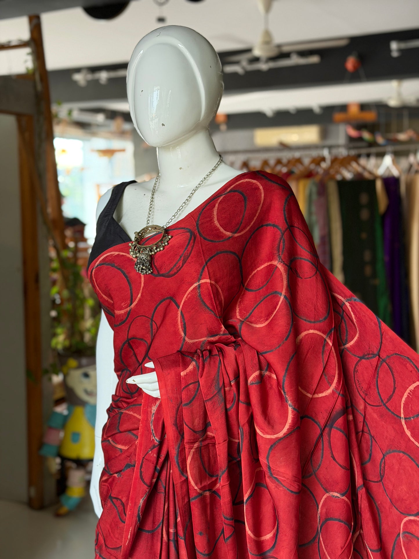 Maroon circles print soft modal yardage saree / fabric - hand block printed Ajrakh