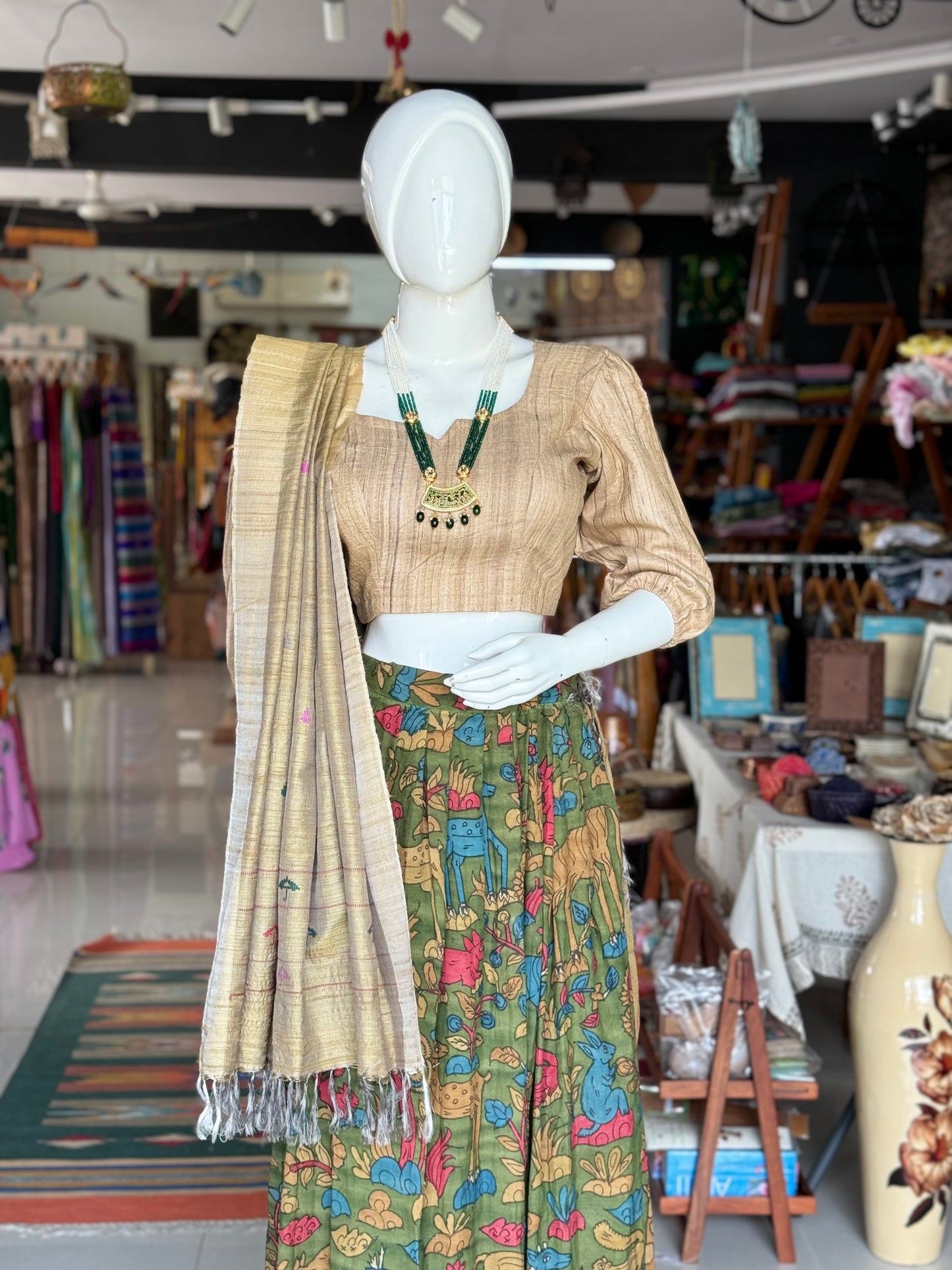 Olive green hand woven tussar x mulberry silk natural dyed dupatta with umbrella motifs