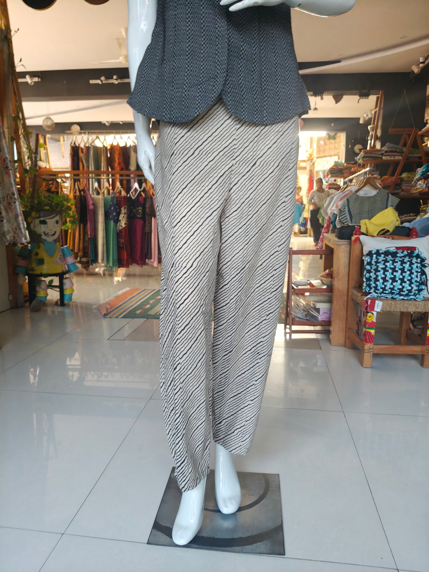 Beige cotton pants with stripes stripes hand block printed cotton pants