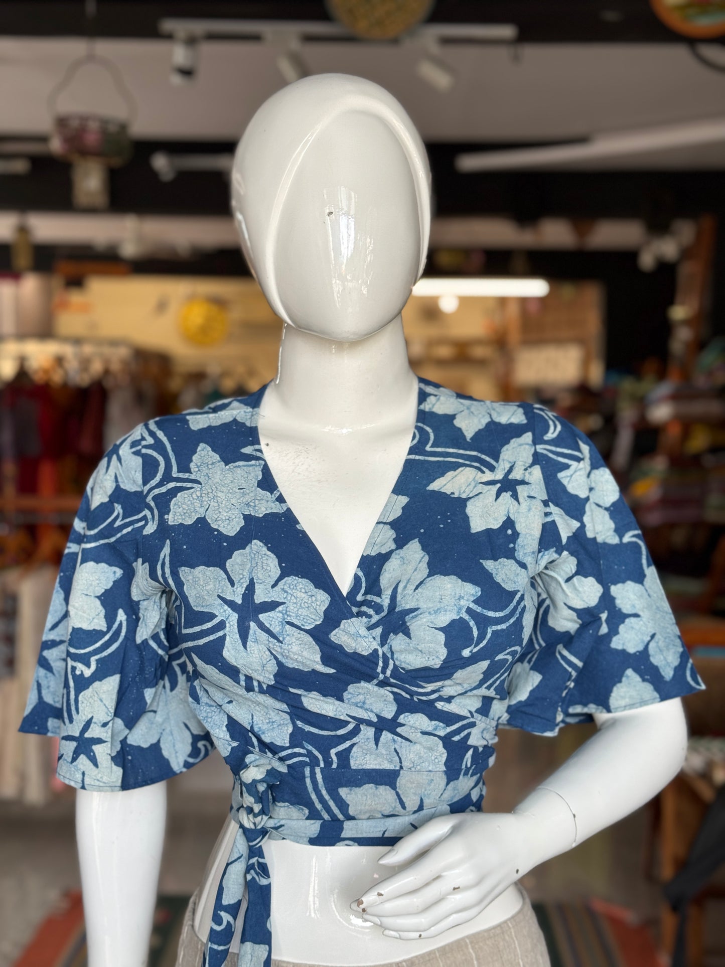 Wrap style free size cotton crop top blouse in natural dyed, hand block printed cotton