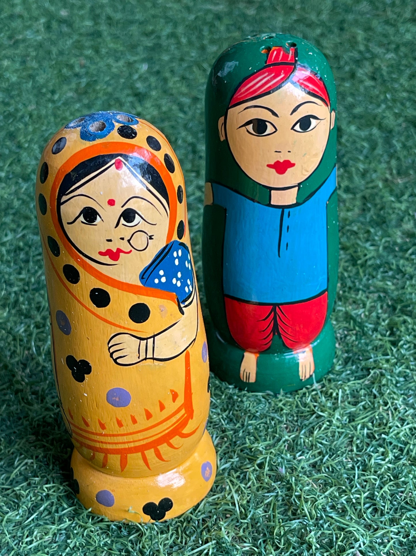 Colourful salt and pepper shaker - handmade wooden hand painted set