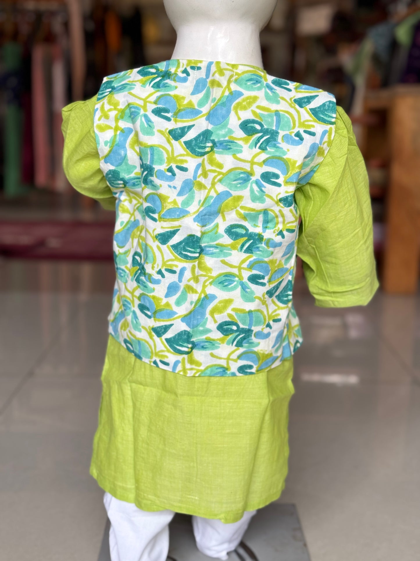 Green cotton kurta, white pyjama pants and hand block printed jacket - 3 piece cotton ethnic set for boys