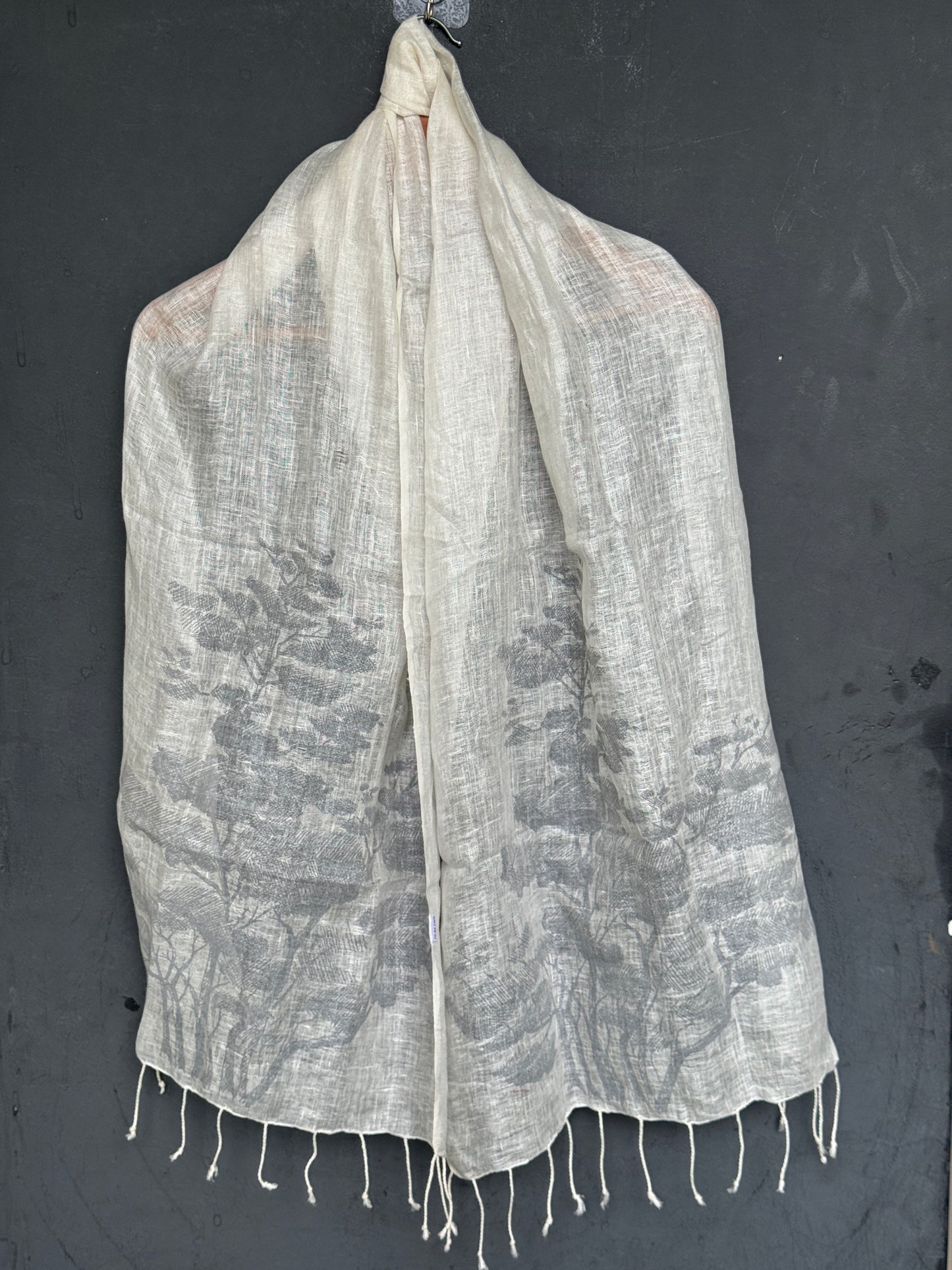 White with grey trees print classy linen stole