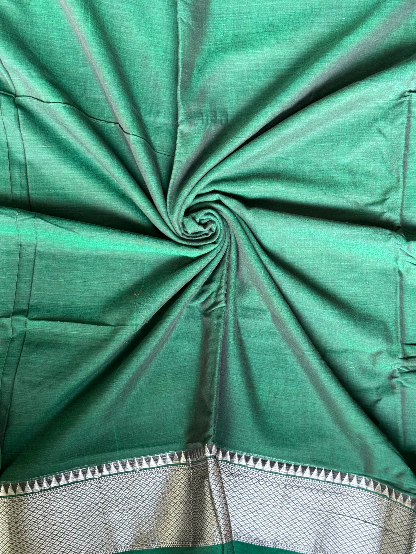 Green handwoven Narayanpet soft cotton fabric with silver borders on both sides