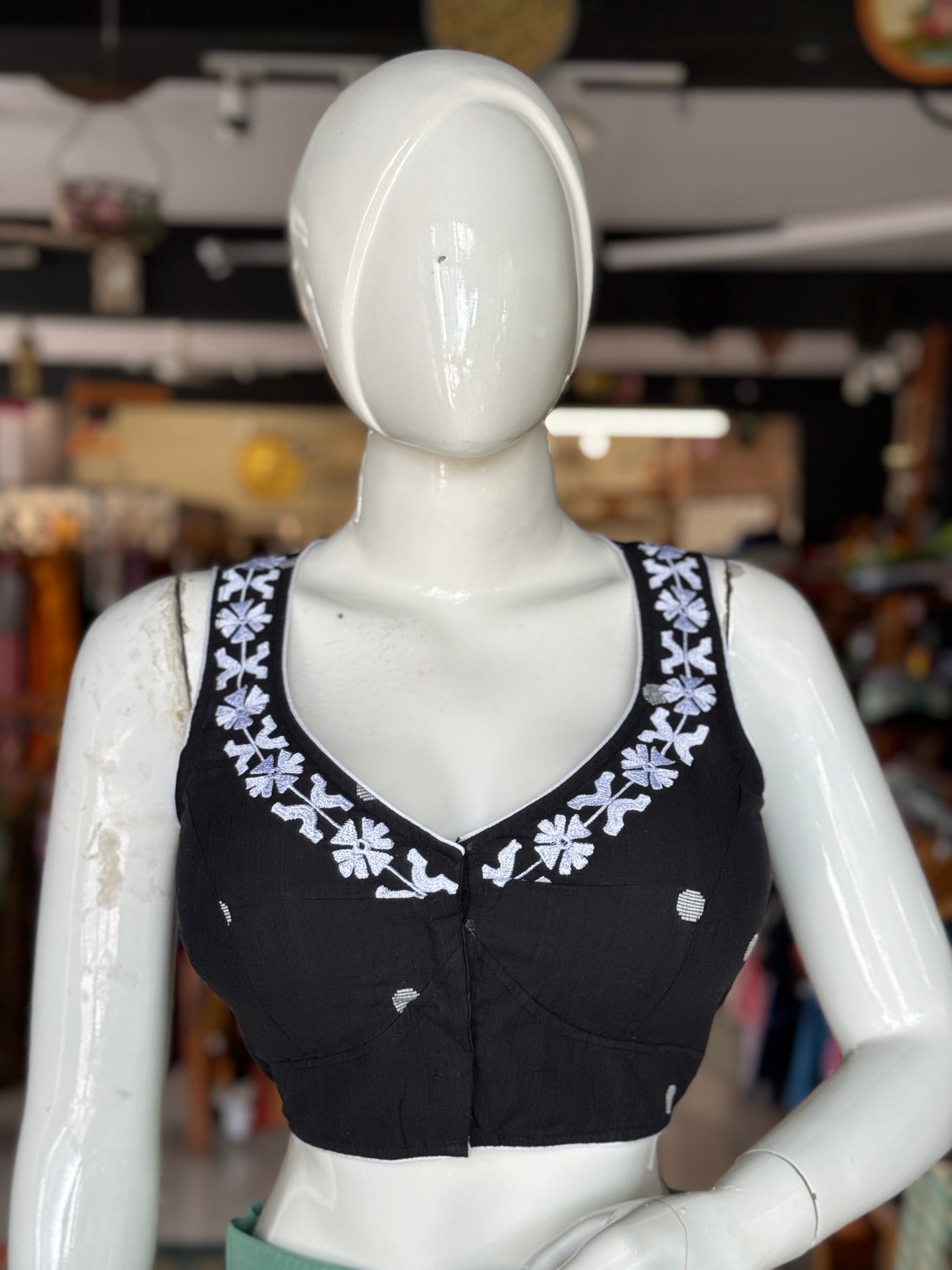 Embroidered neckline princess cut cotton sleeveless blouse - multiple colors available