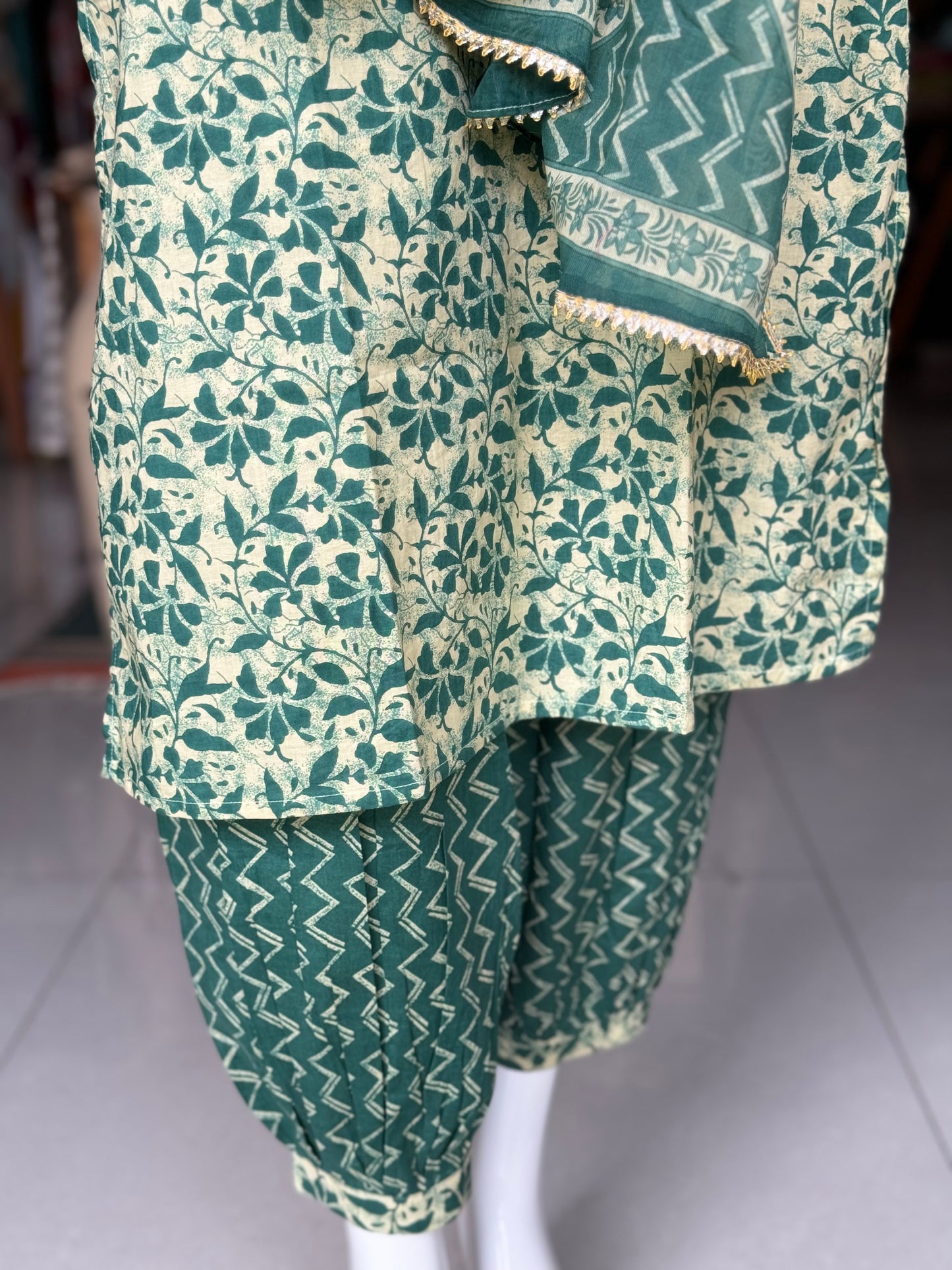 Green and cream floral print hand embroidered cotton suit set with matching afghan pants and dupatta - 3 piece set