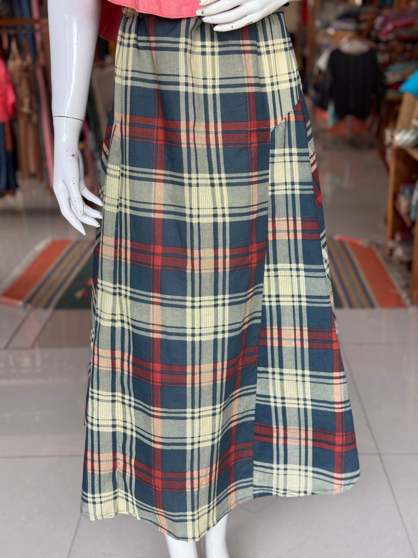 Blue checks vintage look cotton calf length skirt