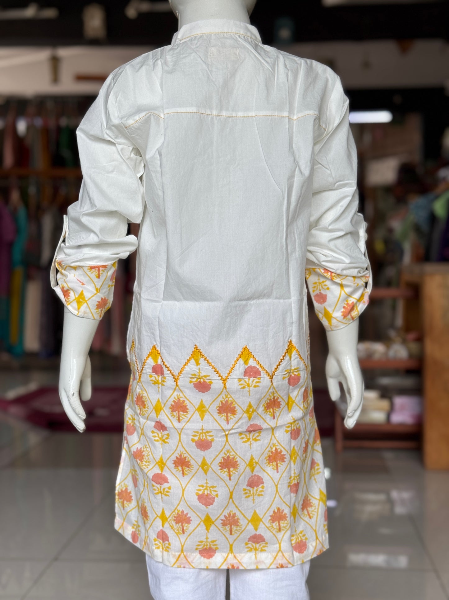 Off white floral hand block printed cotton long kurta for boys with embroidery detailing
