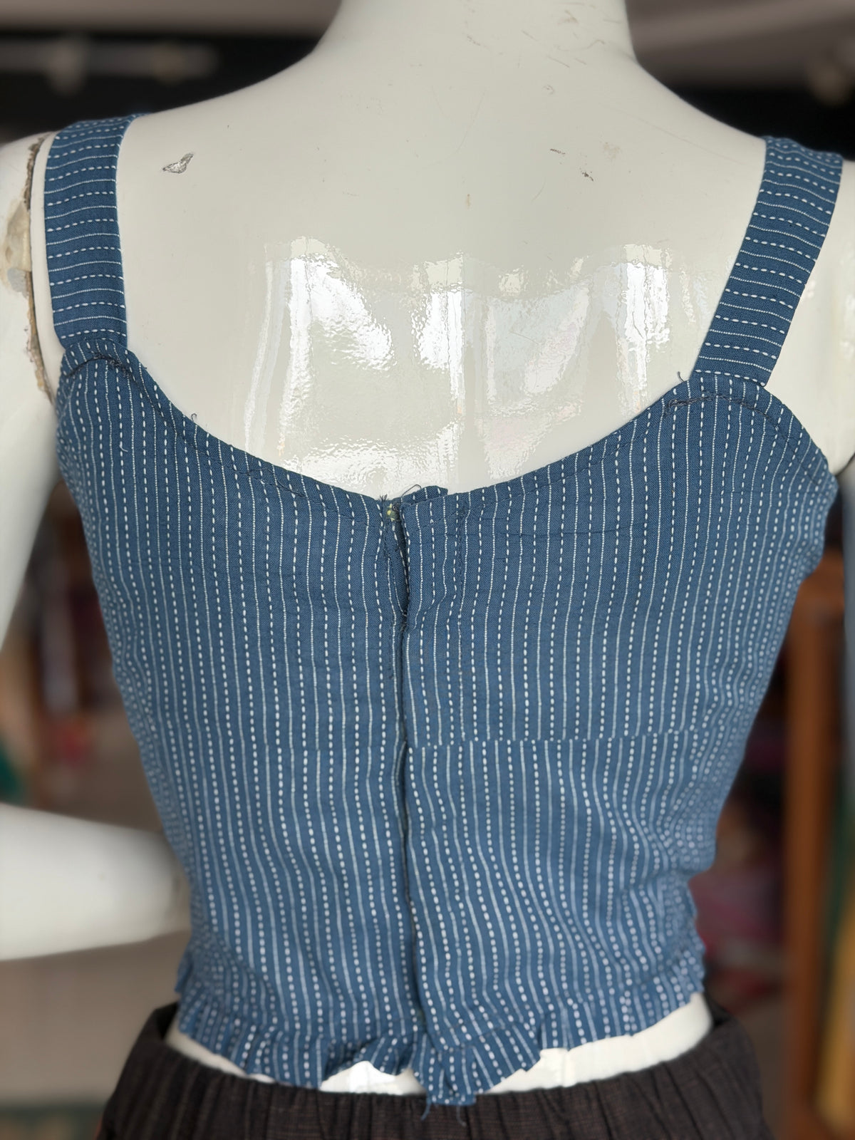 Blue machine Kantha cotton strappy blouse