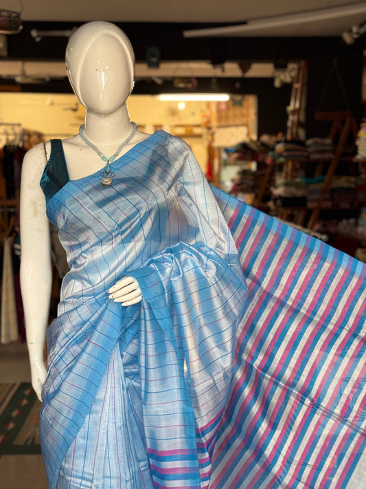 Blue stripes Mangalagiri handloom saree with contrast blouse