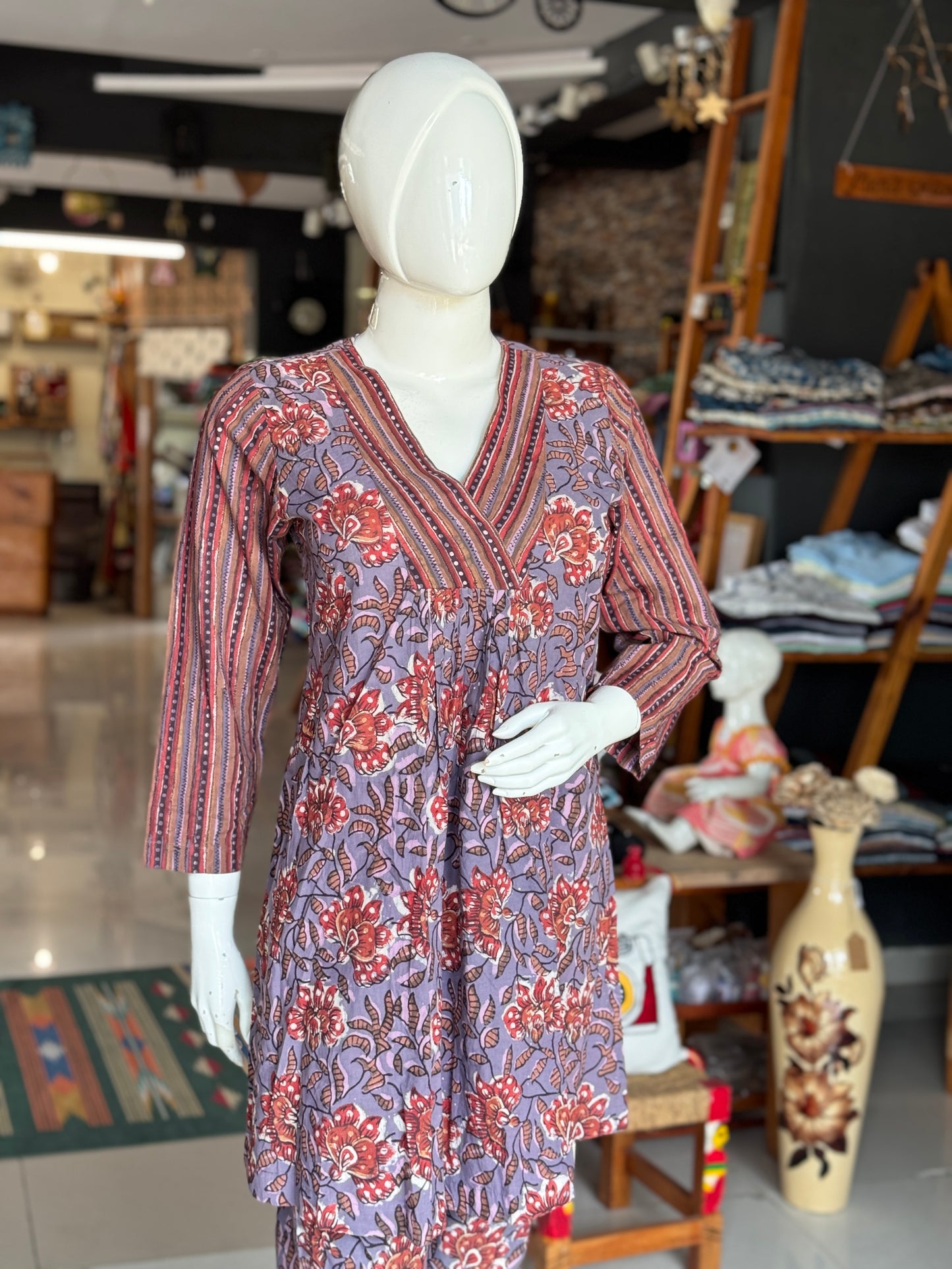 Purple stripes and flowers hand block printed short kurti with straight pants set