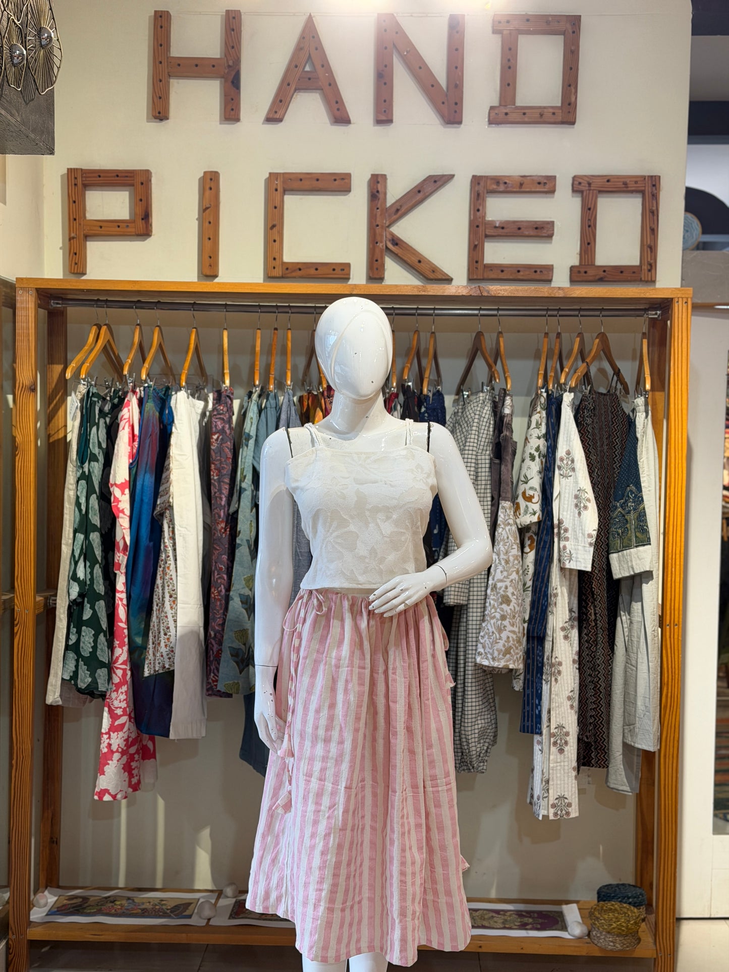 Light pink and off white stripes hand woven kala cotton viral jalu skirt with pockets - free size with both sides draw string