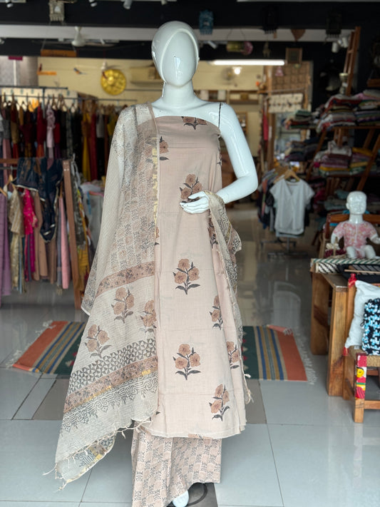 Light brown hand block printed cotton 3 piece unstitched suit set with kota doria dupatta