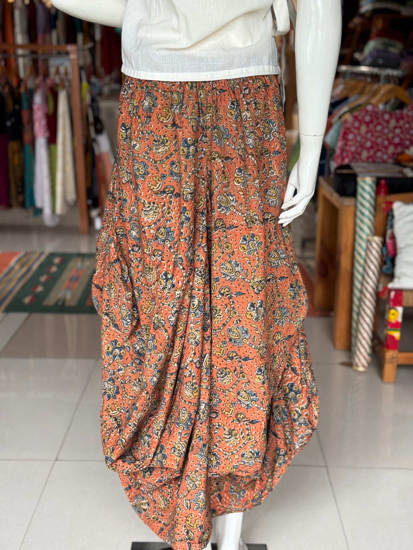 Peach Kalamkari hand block printed cotton designer skirt - with pockets