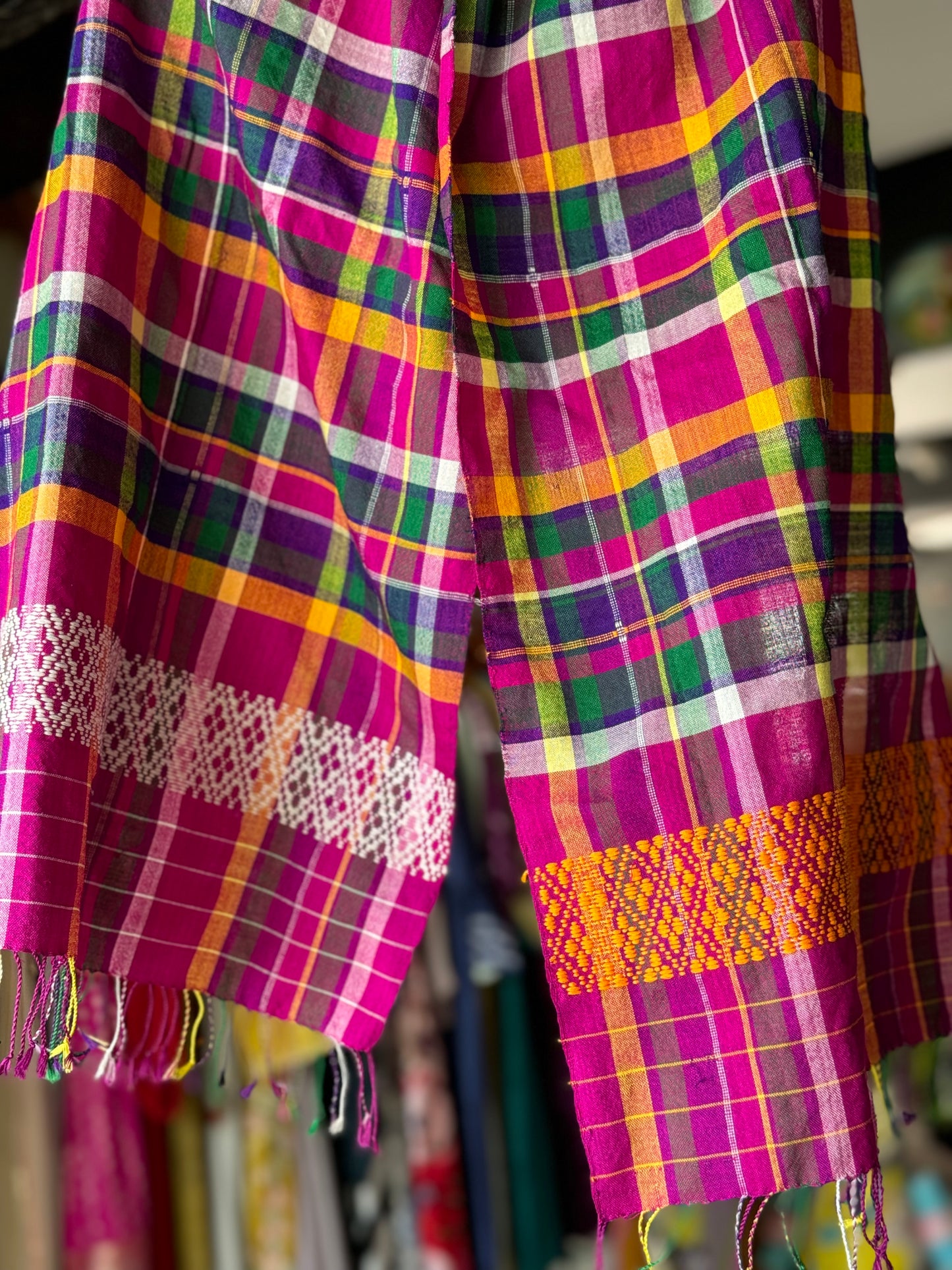Bright pink checks hand woven cotton stole from Northeast India