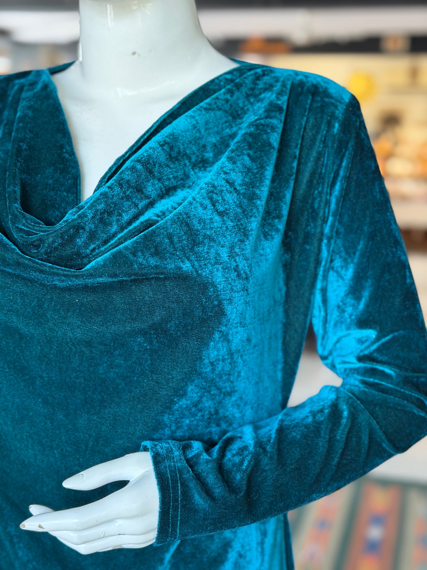 Green velvet cowl neck dress
