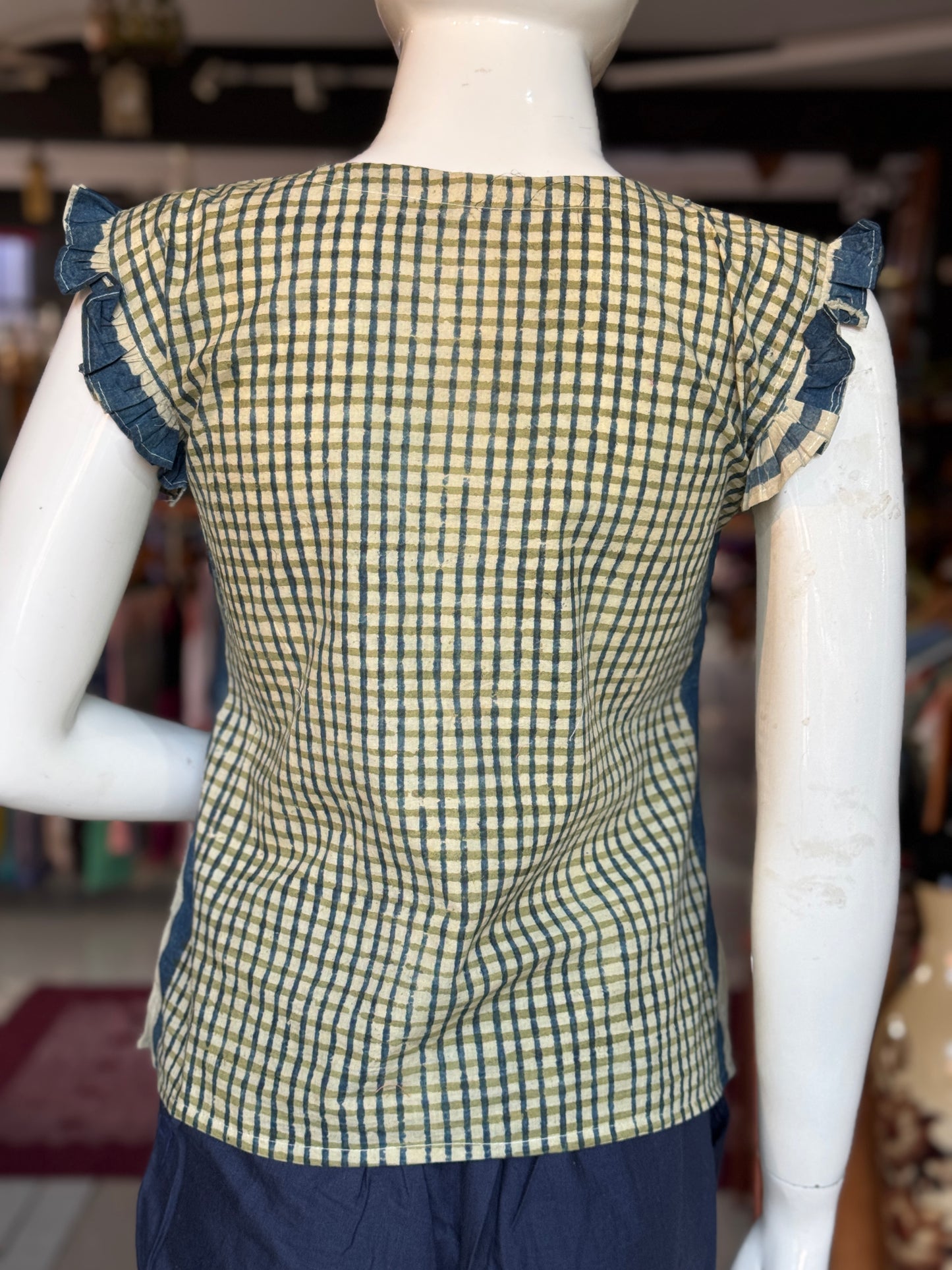 Stripes n checks hand block printed cotton top with twisted front