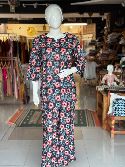 Black floral printed cotton 2 piece lounge wear / night dress set