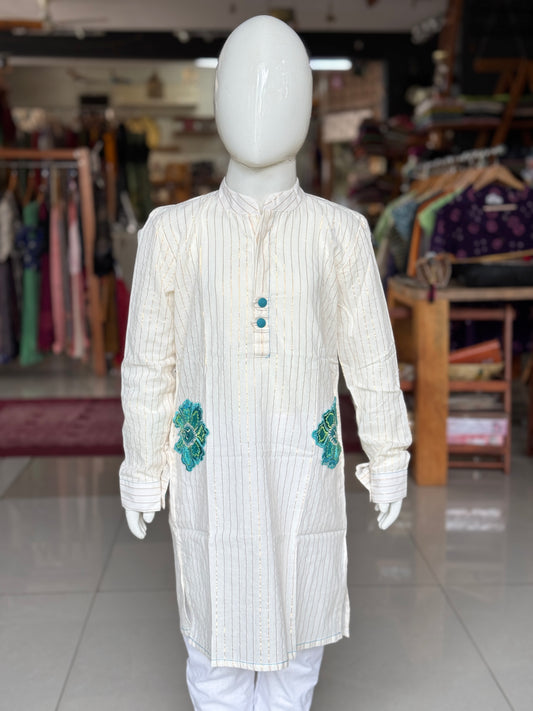 Lurex stripes off white cotton long kurta for boys with embroidery detailing