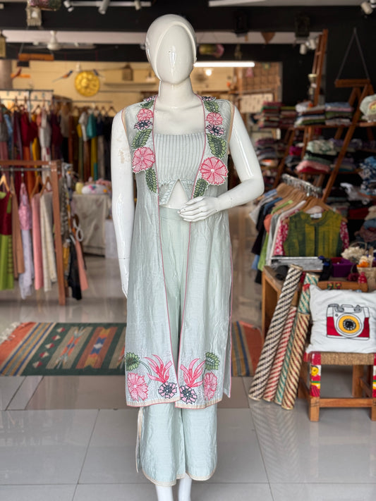 Pastel tone silk cotton cut work embroidered cape, bustier and loose pants - 3 piece set