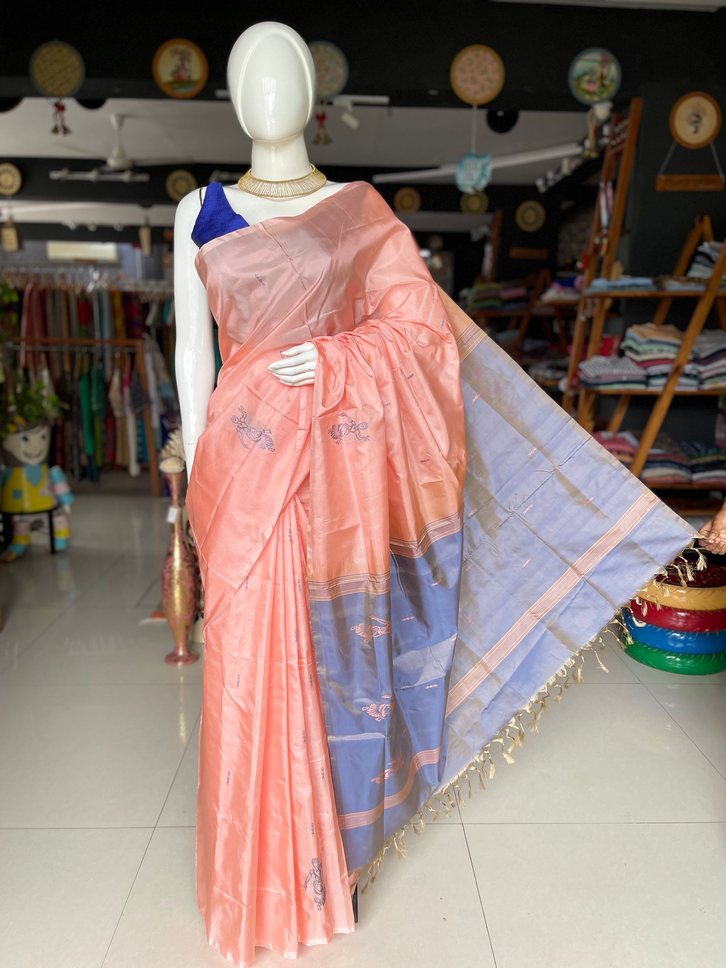 Peach classical dancer motif banana silk handloom saree