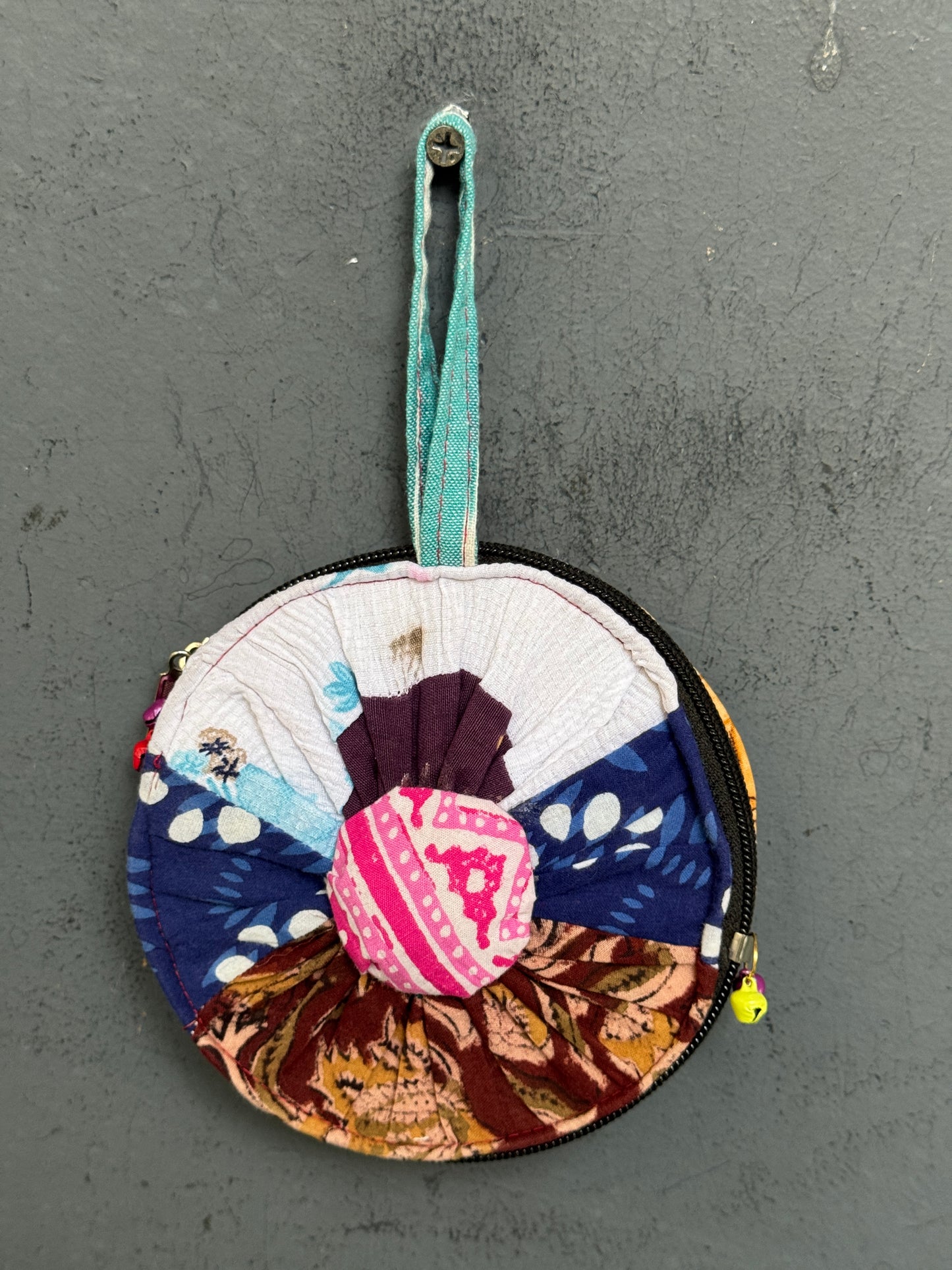 Upcycled handwoven fabric patch work round gifting / coin pouch with zipper closure