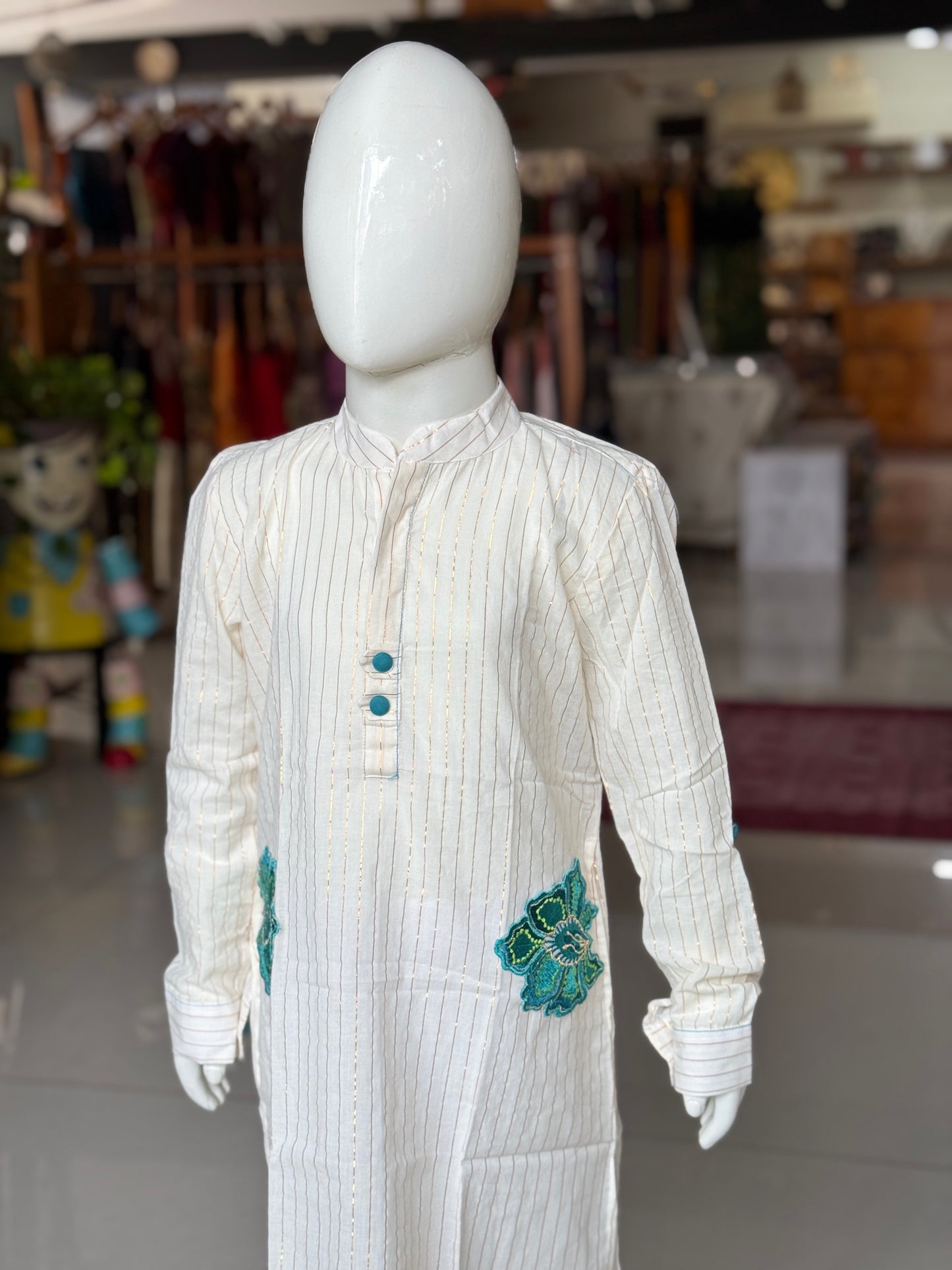 Lurex stripes off white cotton long kurta for boys with embroidery detailing