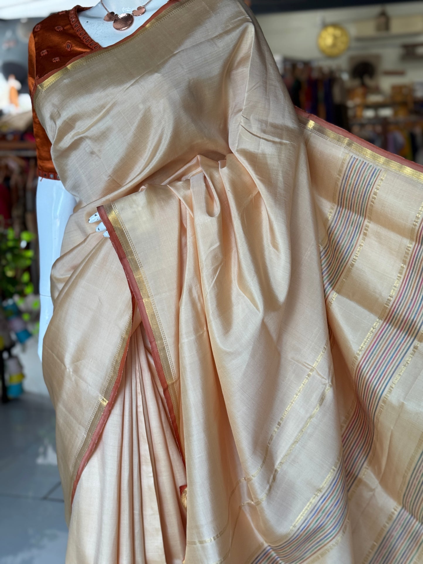 Classy cream pure silk handloom Kumbakonam pattu saree with colorful stripes palla