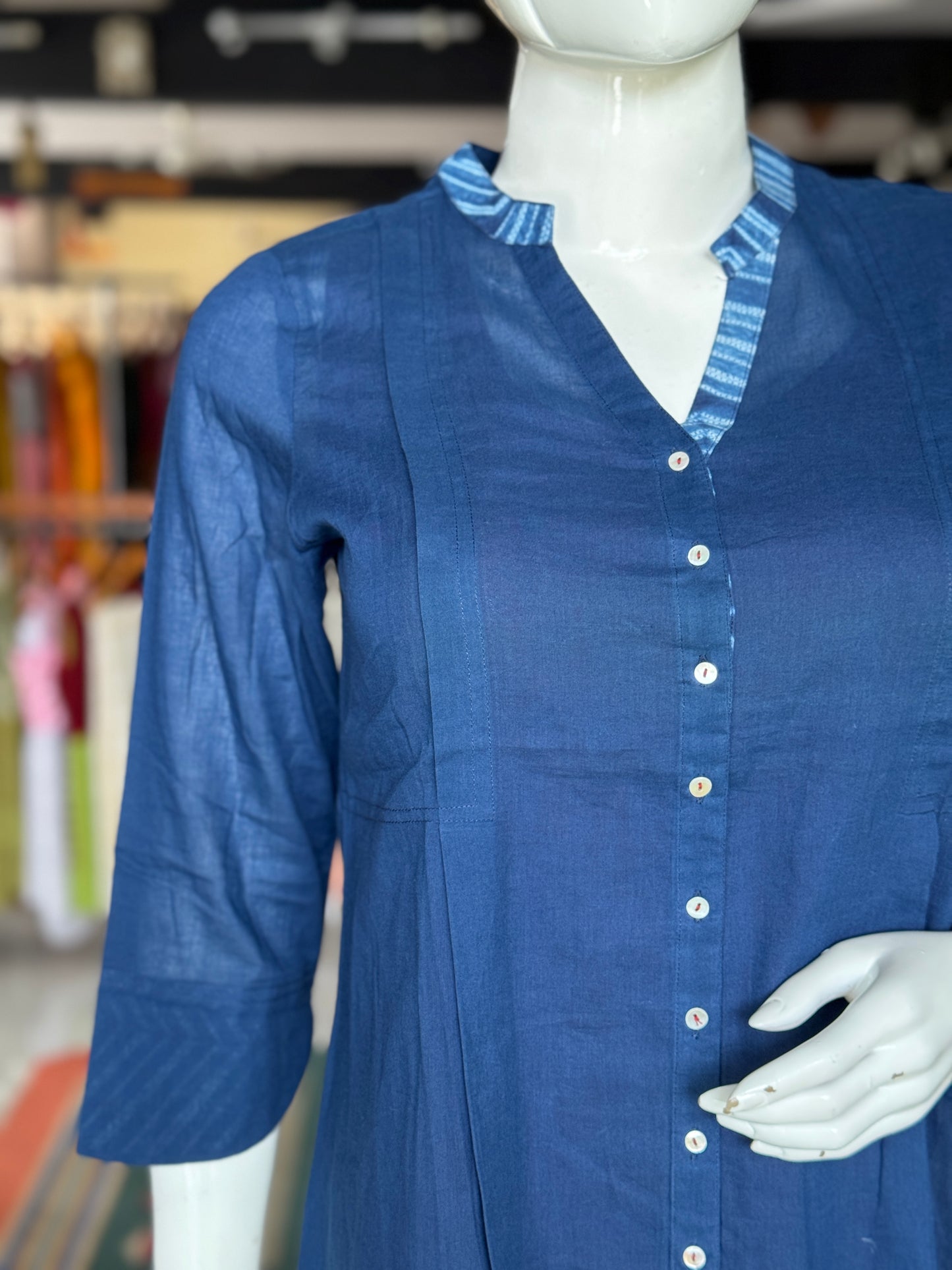 Indigo blue needle Shibori tie n dye cotton Shibori short kurti with foldable cuff