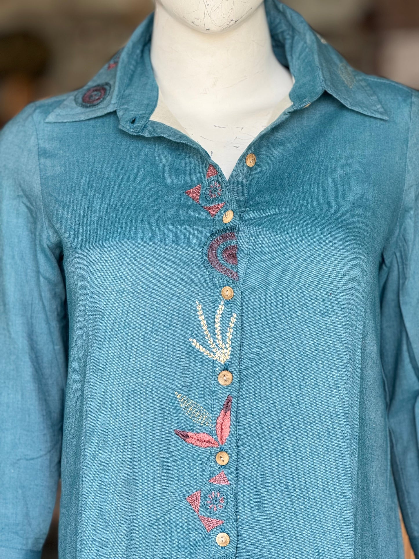 Teal blue cotton hand embroidered shirt dress