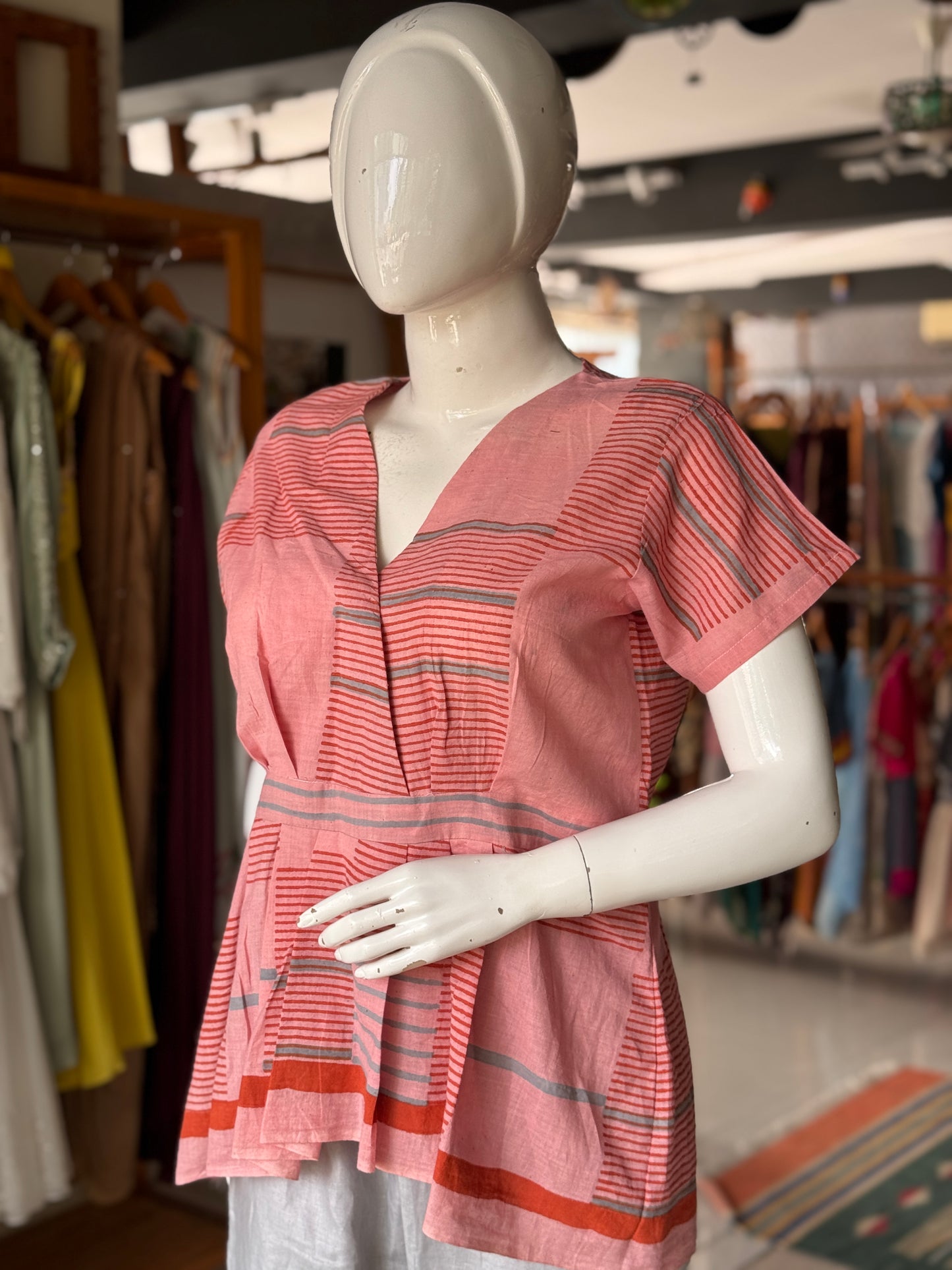 Pink and blue stripes top with pleated hem - hand spun, hand woven, hand block printed cotton