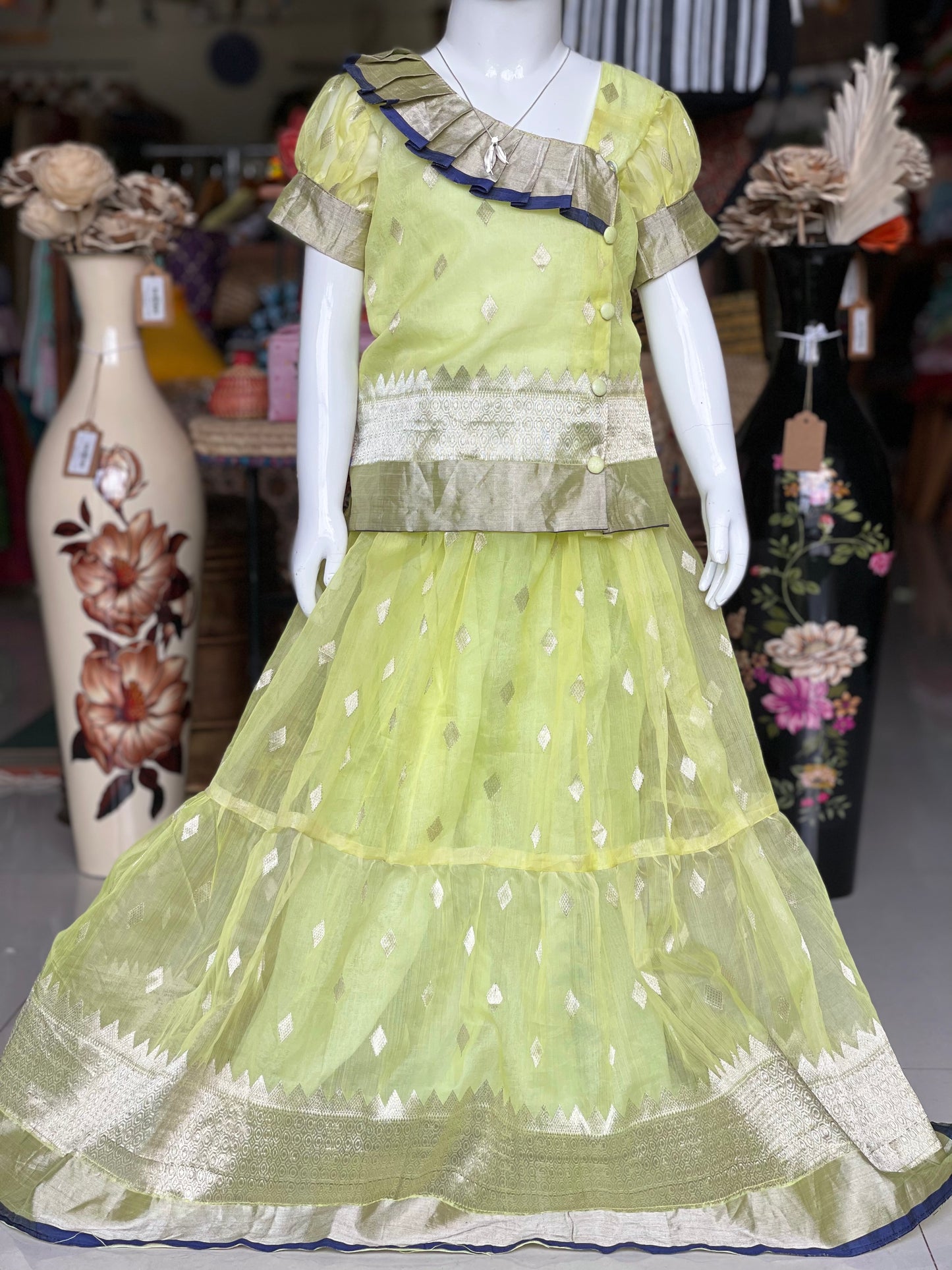 Yellow handwoven Chanderi katan silk lehenga blouse set