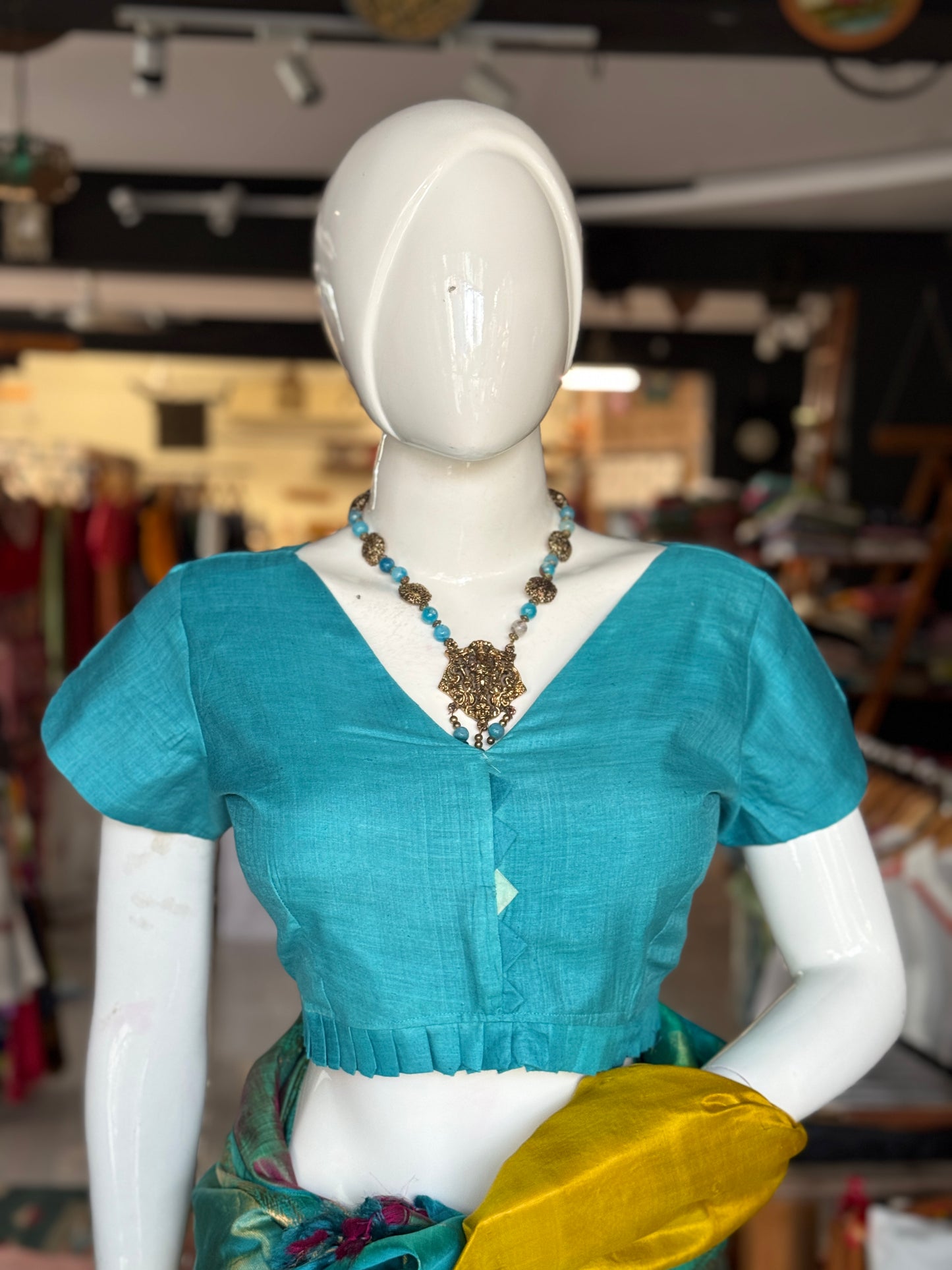 Teal blue tussar x matka silk back open blouse with short sleeves