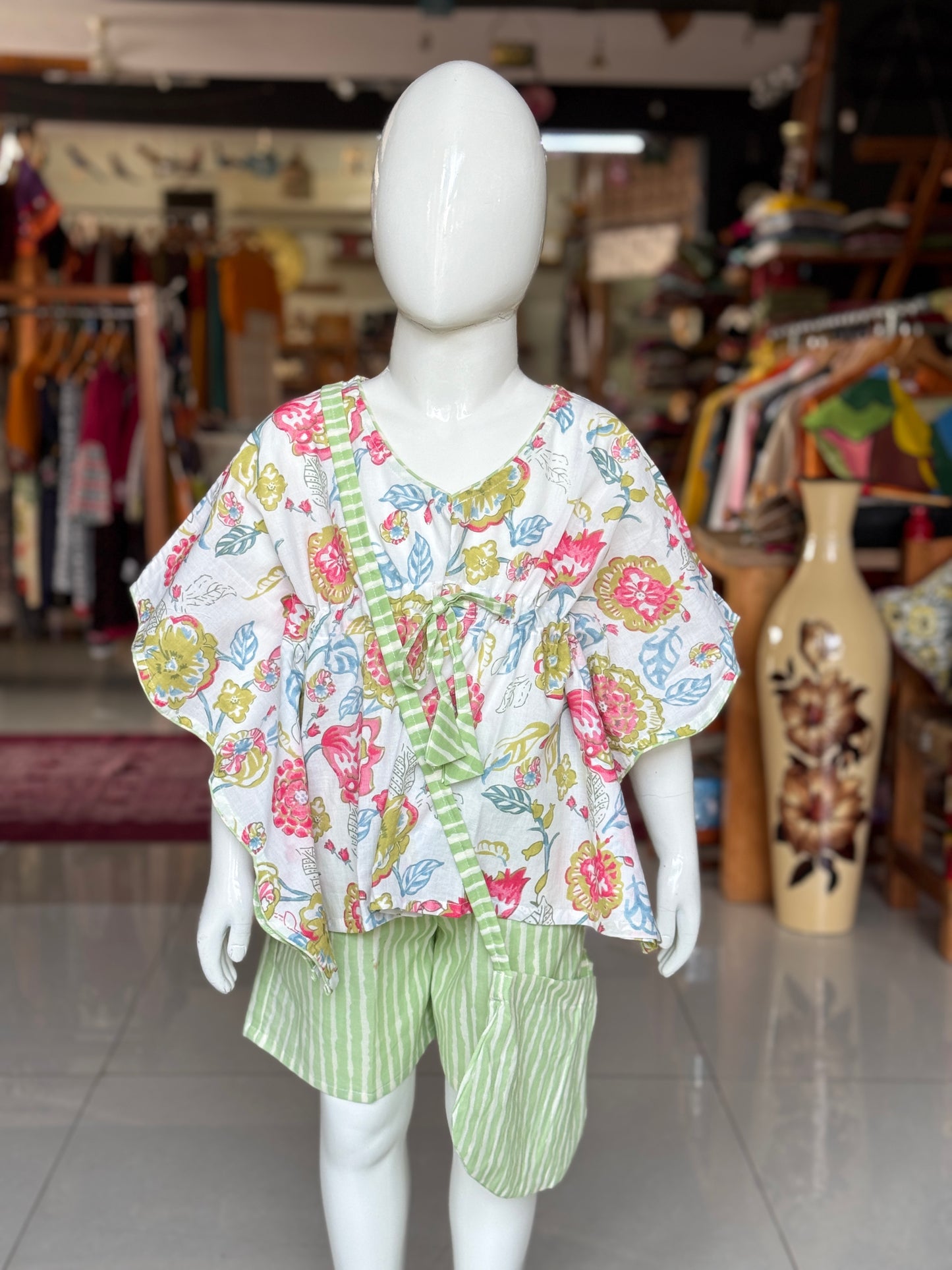 White and green floral hand block printed kaftan top with block printed stripes shorts and a matching bag - all in cotton