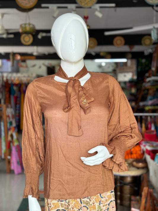 Brown soft rayon top with long sleeves and neck tie