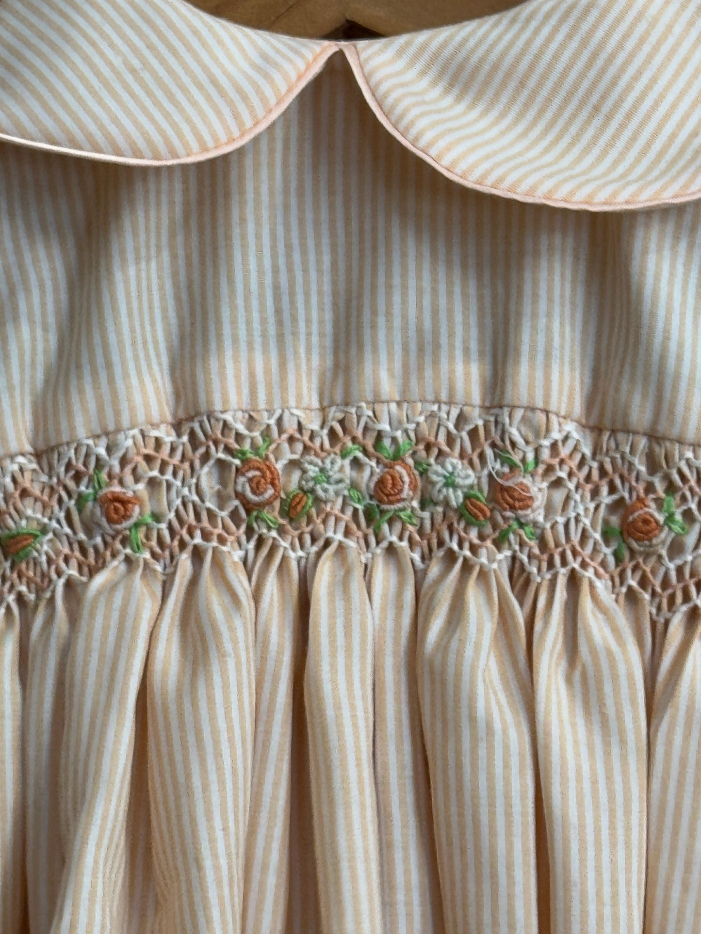 Peach stripes smocking cotton frock with hand embroidery