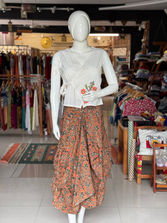 Peach Kalamkari hand block printed cotton designer skirt - with pockets